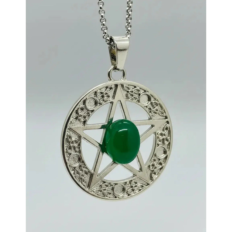 Collar Protección Pentagrama Ágata Verde + Cadena De Acero Pentagrama Agata Verde