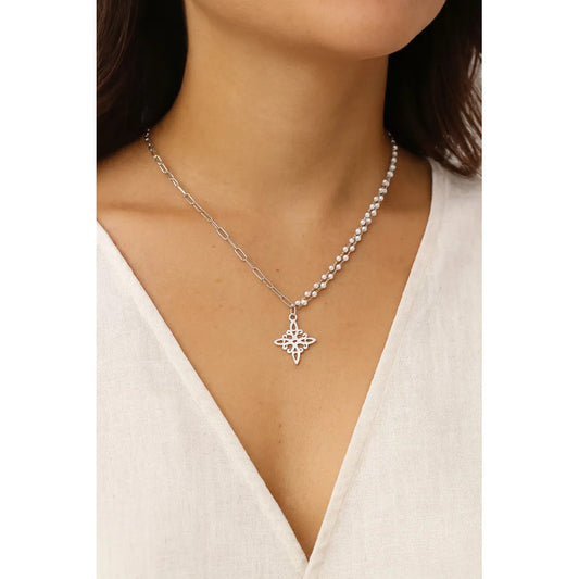 Collar Amuleto Nudo De Bruja Con Perlas Y Cadena Clip Acero Nudo De Bruja