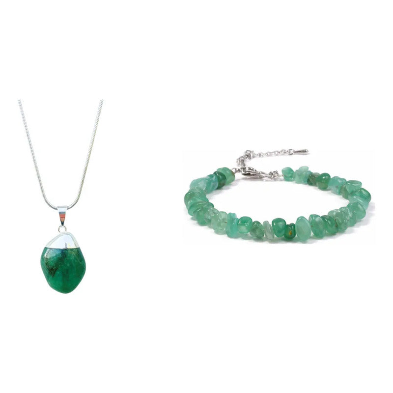 Kit Cuarzo Verde: Collar Sanación Cuarzo Verde Cadena Acero + Pulsera Piedra Natural 8-19 Cm