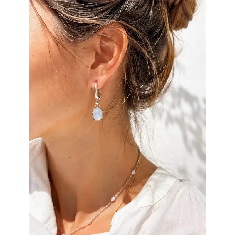 Aros Boho Piedra Natural Oval De Acero - Divina Existencia Adularia - Piedra Luna