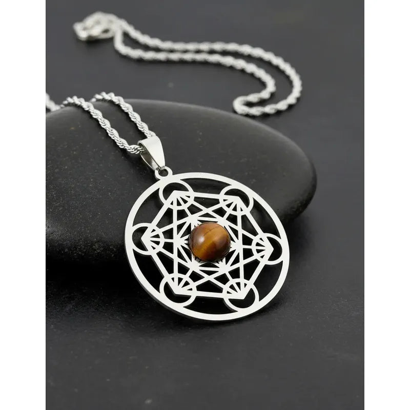 Collar Cubo De Metatron Grande Con Ojo De Tigre + Cadena Metatron Ojo De Tigre