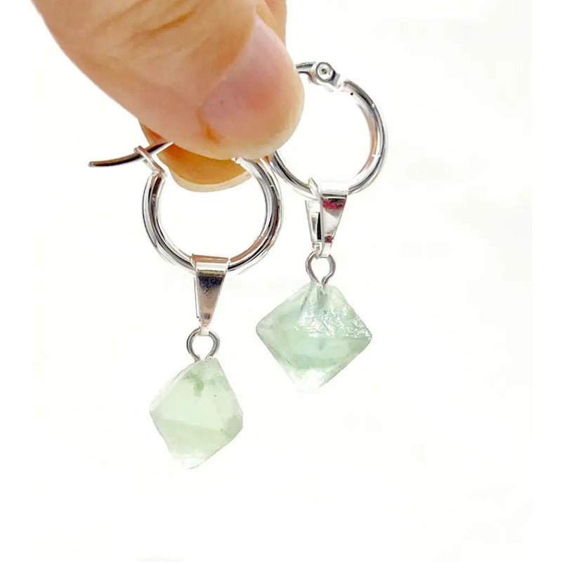 Aros Argolla Baño De Plata Octaedro Fluorita Piedra Natural Fluorita
