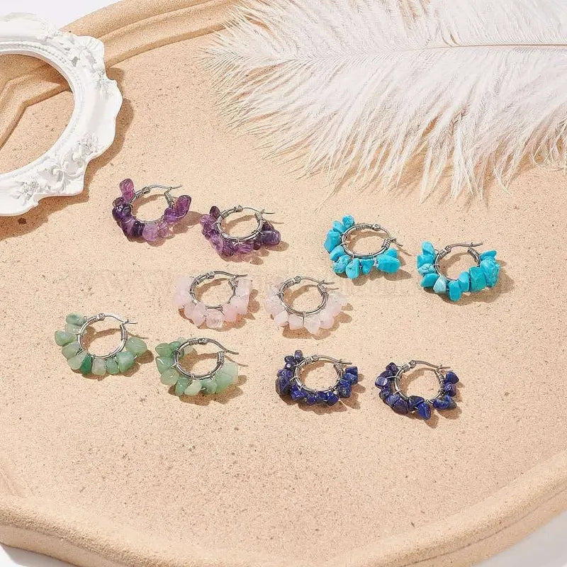 Par De Aros Argollitas Boho De Piedras Naturales A Elección Aro Vitalidad - Citrino