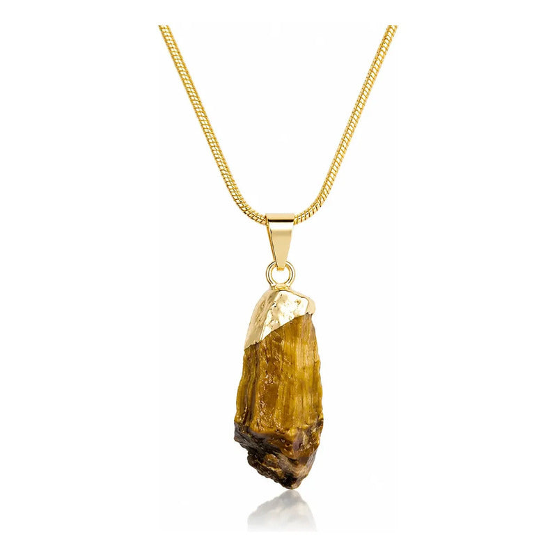 Collar Fuerza - Piedra Ojo De Tigre En Bruto Dorado Ojo De Tigre Dorado