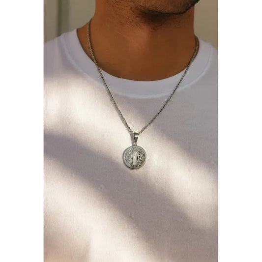 Collar Completo Medalla San Benito Unisex Acero Protección Acero Quirúrgico