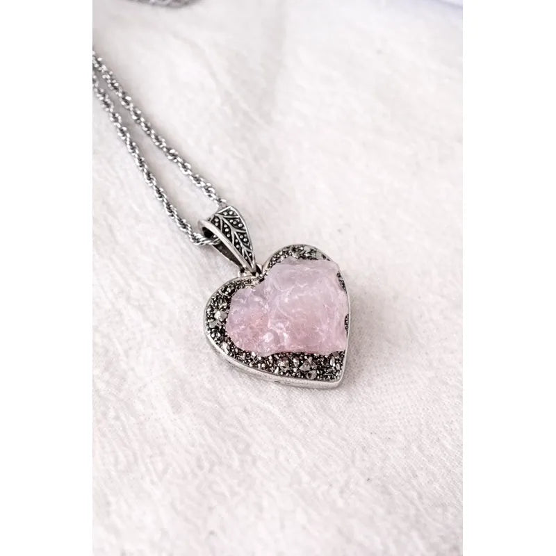 Collar Amor Y Abundancia Corazón Cuarzo Rosa + Pirita Corazón Cuarzo Y Pirita