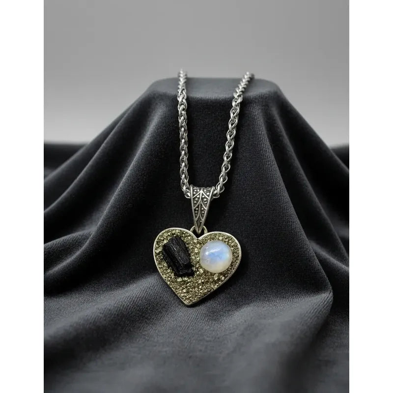 Collar Corazón Piedra Turmalina, Adularia Y Pirita + Cadena Corazón Pirita Turmalina Adularia