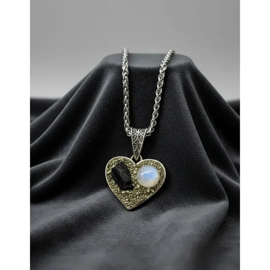 Collar Corazón Piedra Turmalina, Adularia Y Pirita + Cadena Corazón Pirita Turmalina Adularia