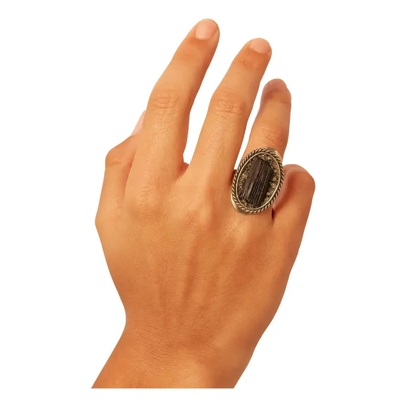 Anillo Mujer Alpaca Regulable Con Piedra Turmalina Y Pirita Pirita Turmalina Unico Regulable