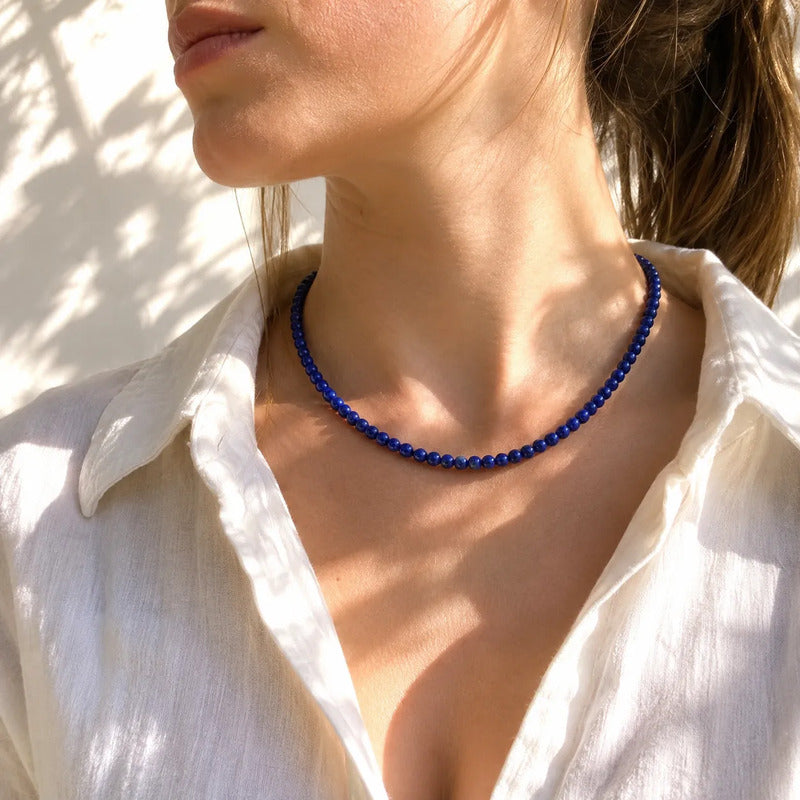 Collar Choker Mini Cuentas Piedras Naturales Delicado 40 Cm Lapislázuli 4 Mm Dorado