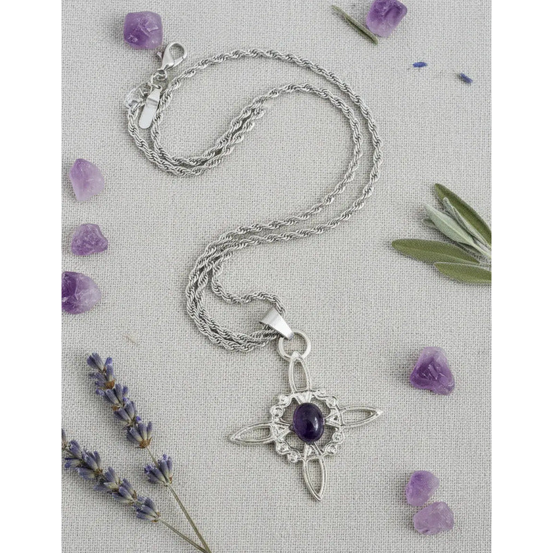 Collar Protección Nudo De Bruja + Amatista + Cadena De Acero Nudo De Bruja Y Amatista