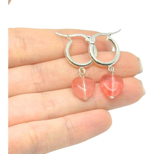 Aros Corazón Cuarzo Cherry Acero Baño De Plata Expresar Amor - Cuarzo Cherry