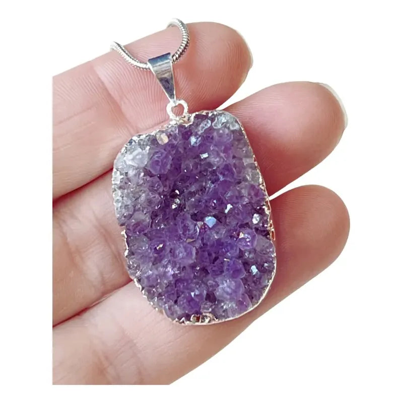 Collar Drusa De Amatista Con Baño De Plata Y Cadena De Acero