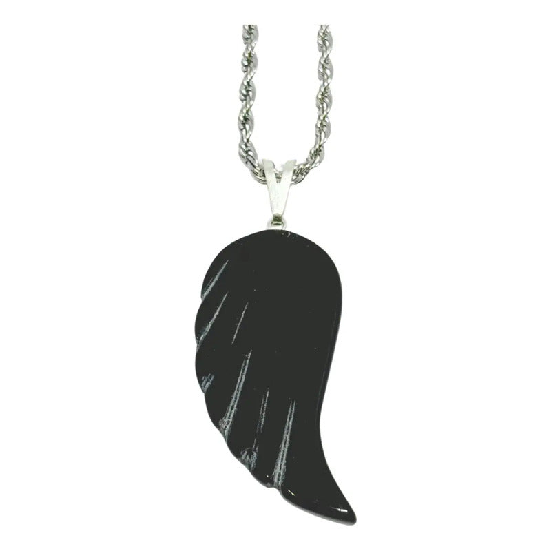 Collar Ala De Obsidiana Auténtica 3,5 Cm.  + Cadena De Acero