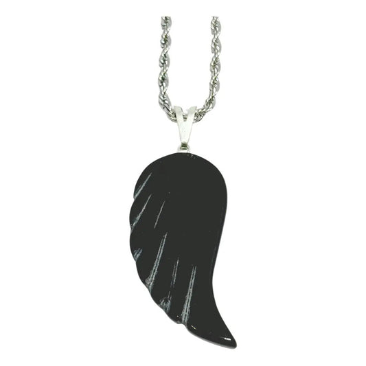 Collar Ala De Obsidiana Auténtica 3,5 Cm.  + Cadena De Acero