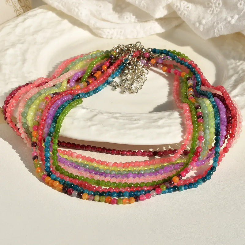 Collar Choker Mini Cuentas Piedras Naturales Delicado 40 Cm Mix Turmalinas Mini Esferitas De 3 Mm.