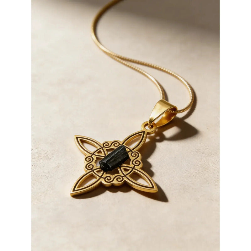 Collar Protección Nudo De Bruja Turmalina + Cadena De Acero Nudo De Bruja Y Turmalina