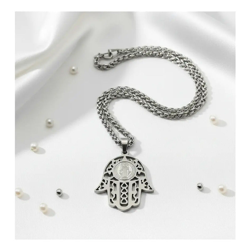 Collar Protector Medalla De San Benito +  Cadena De Acero Hamsa