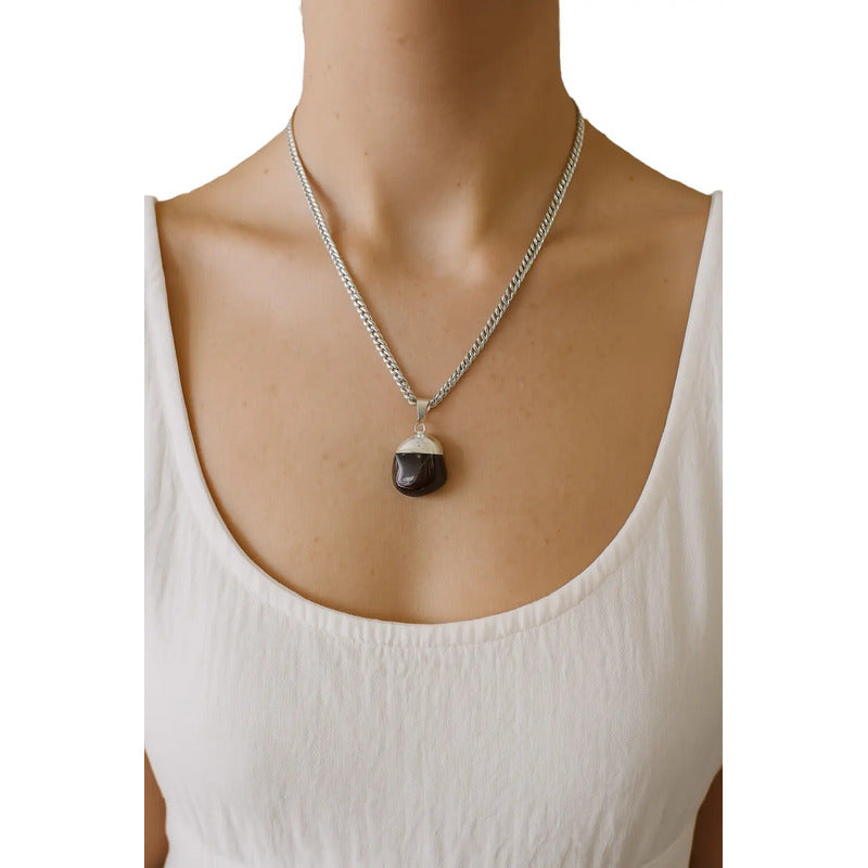 Collar Fuerza Con Piedra Granate Y Cadena De Acero Granate Rolado
