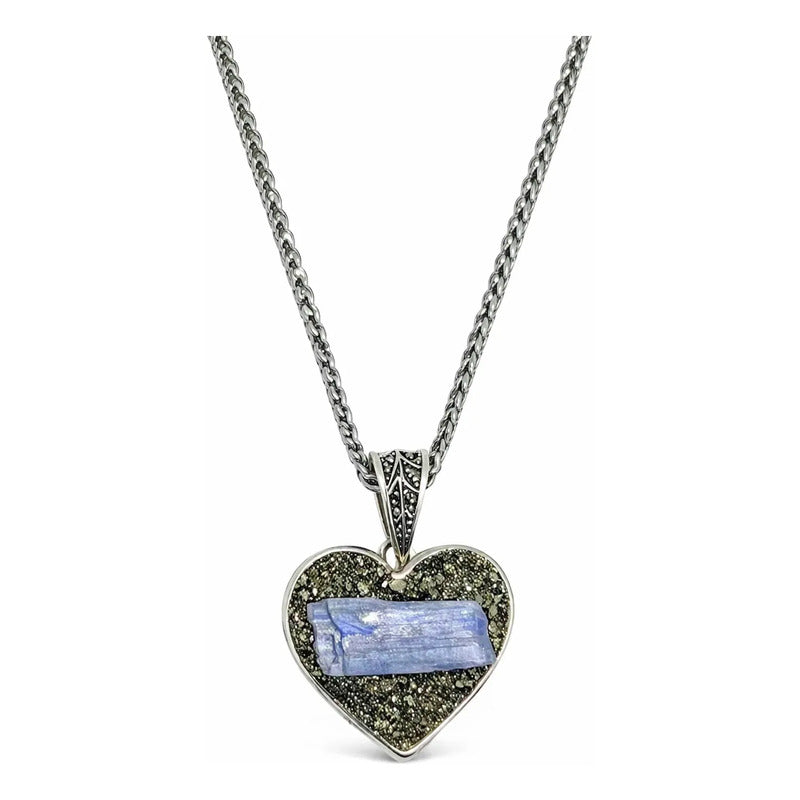 Collar Corazón Piedra Natural Cianita Azul Y Pirita + Cadena Corazón Pirita Cianita