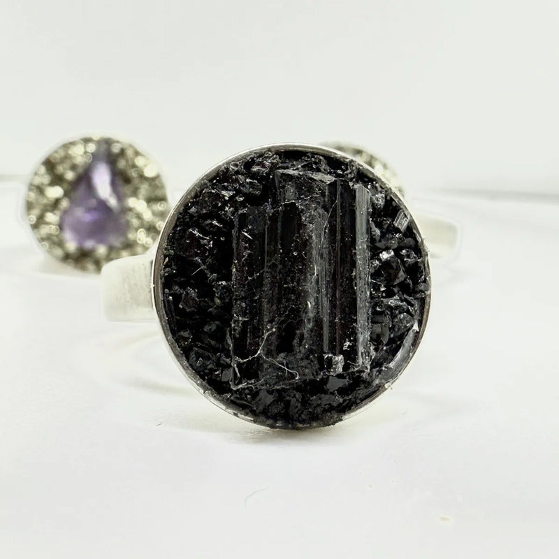 Anillo Piedras Naturales Mujer Turmalina Pirita Crisocola Color Turmalina Sola Talle 19