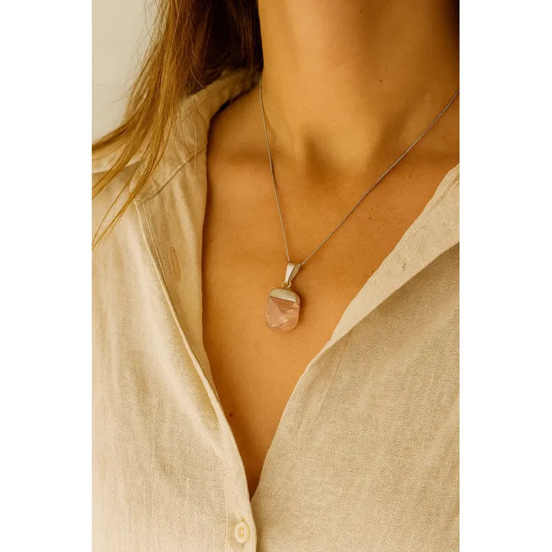 Collar Amor Propio Cristal Cuarzo Rosa + Cadena De Acero Cuarzo Rosa