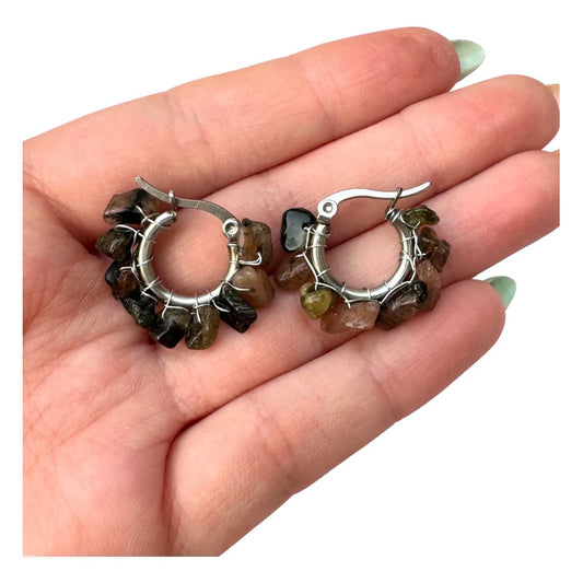 Par De Aros Argollitas Boho De Piedras Naturales Turmalina Limpieza - Mix De Turmalinas