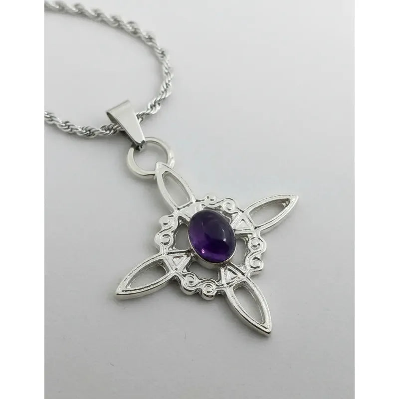 Collar Protección Nudo De Bruja + Amatista + Cadena De Acero Nudo De Bruja Y Amatista