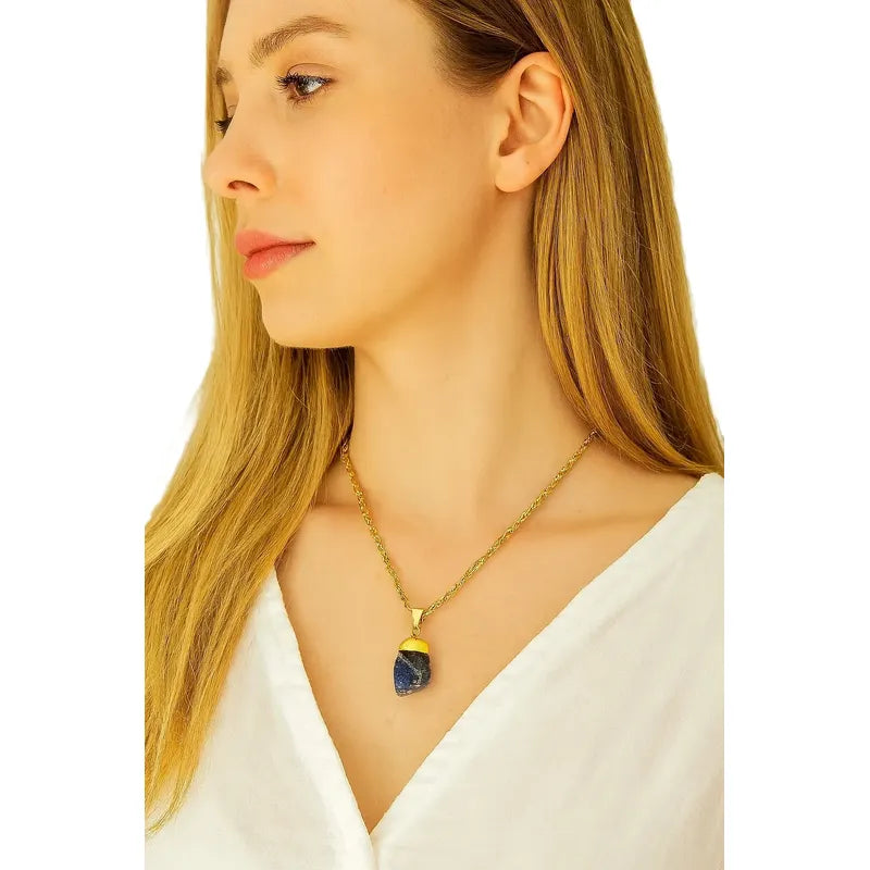Collar Piedra Sodalita Piedra Natural + Cadena Acero Dorado Sodalita Rolada Dorado