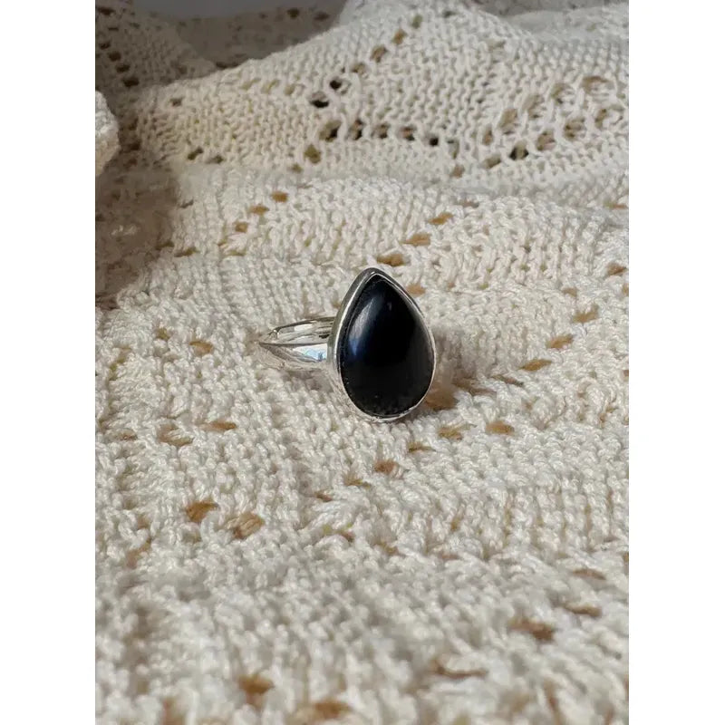 Anillo Mujer Piedras Naturales Baño De Plata Regulable Obsidiana Regulable