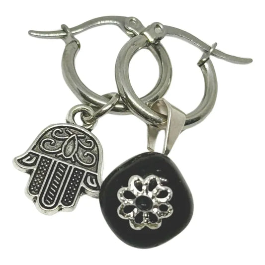 Aros Mujer Obsidiana Piedra Natural Y Mano De Fátima Hamsa Plateado