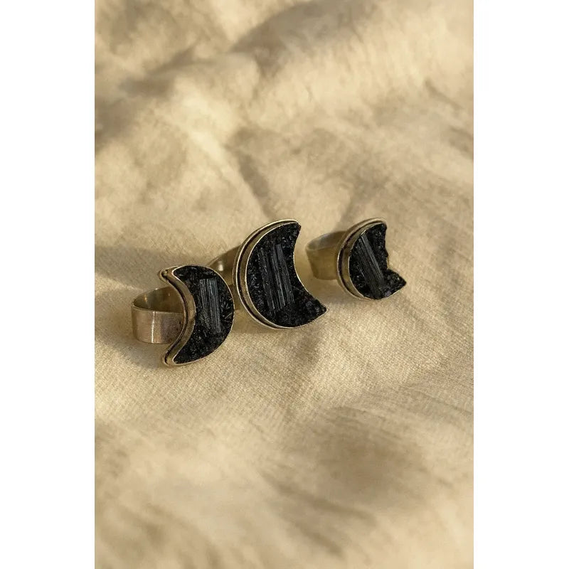 Anillo Luna Grande De Turmalina - Protección Luna Turmalina Ajustable