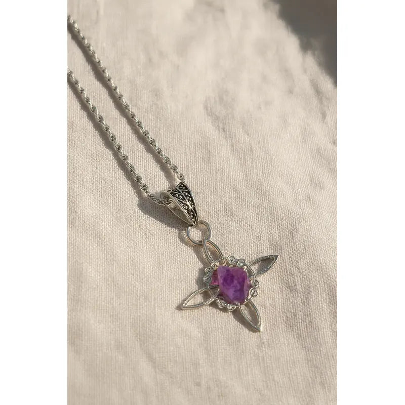 Collar Protección Nudo De Bruja + Amatista Y Cadena De Acero Nudo De Bruja Piedra Bruto