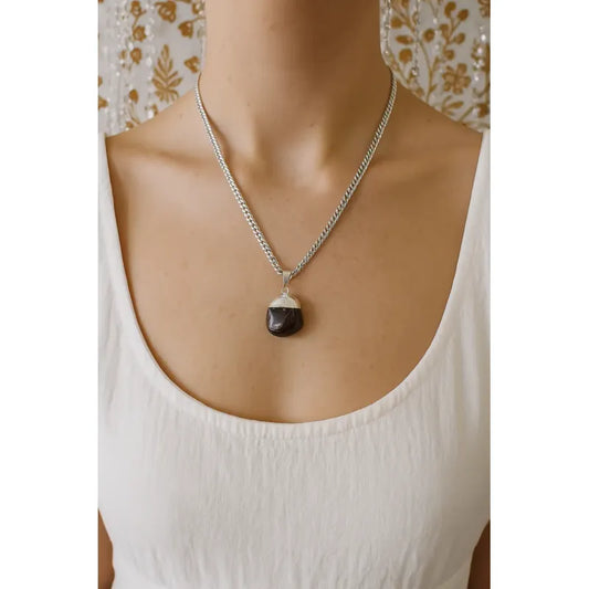 Collar Con Piedra Granate Y Cadena De Acero Granate Rolado