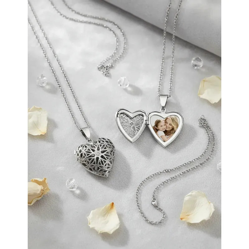 Collar Relicario Corazón Para Fotos Mini 20x20 Mm Con Cadena Corazón Calado 30 Mm