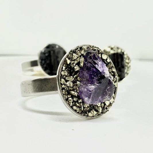 Anillo Piedras Naturales Mujer Turmalina Pirita Crisocola Color Amatista Y Pirita Talle 17 Amatista Pirita