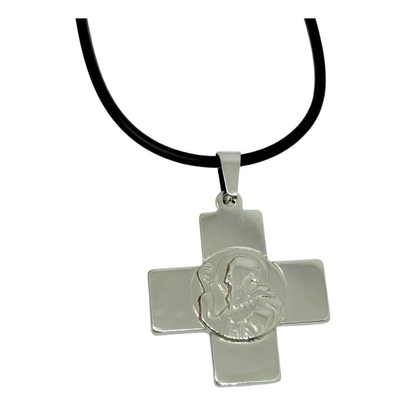 Collar Y Dije Medalla San Benito Esmaltada Negra Protección Medalla San Benito Esmaltada