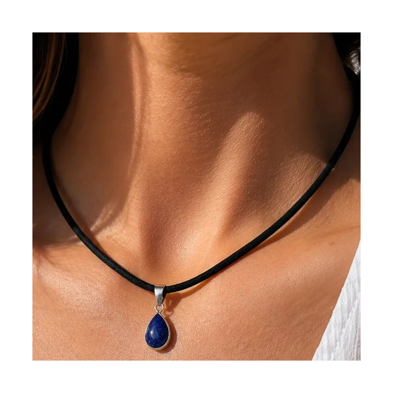 Collar Choker Gargantilla Piedras Naturales Soga Gamuza Lapislázuli 15 Mm.