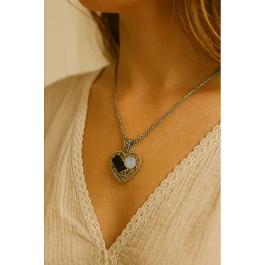 Collar Corazón Piedra Turmalina, Adularia Y Pirita + Cadena Corazón Pirita Turmalina Adularia