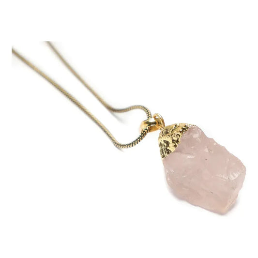 Collar Cuarzo Rosa Piedra Natural Bruto Dorado Con Cadena Cuarzo Rosa