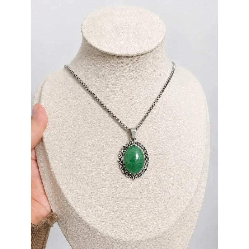 Collar Sanación Cuarzo Verde Con Cadena De Acero 50 Cm Camafeo Cuarzo Verde
