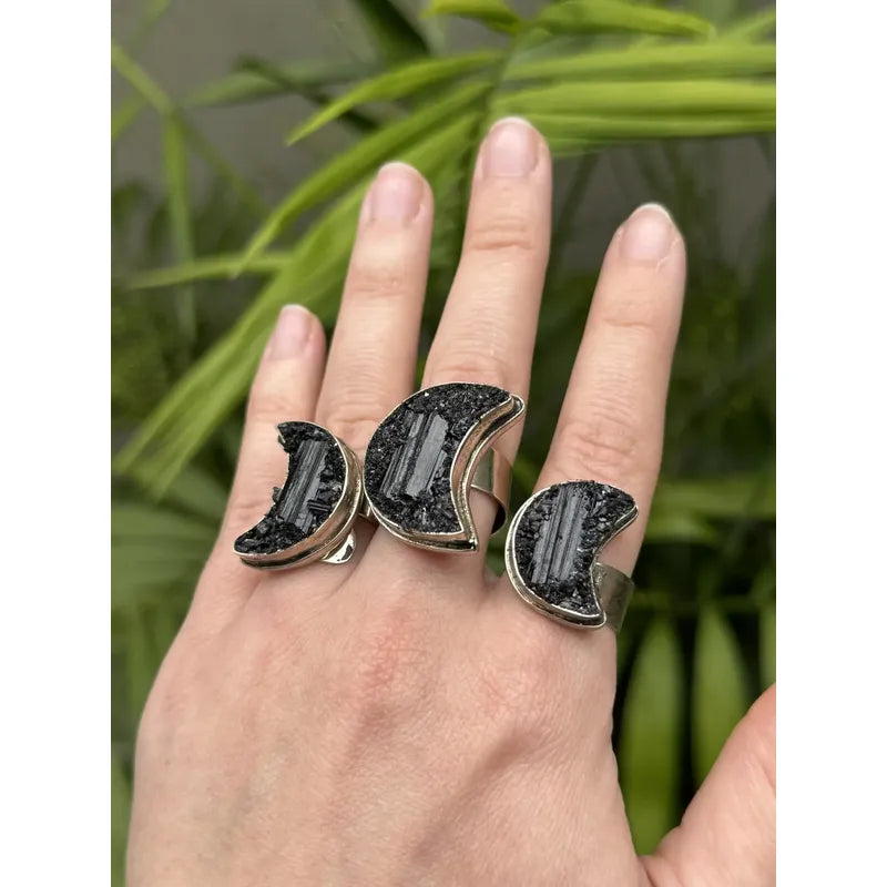 Anillo Luna Grande De Turmalina - Protección Luna Turmalina Ajustable