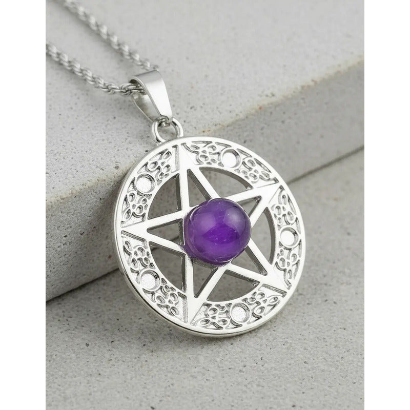 Collar Protección Pentagrama Y Amatista + Cadena De Acero Pentagrama Amatista