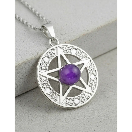 Collar Protección Pentagrama Y Amatista + Cadena De Acero Pentagrama Amatista